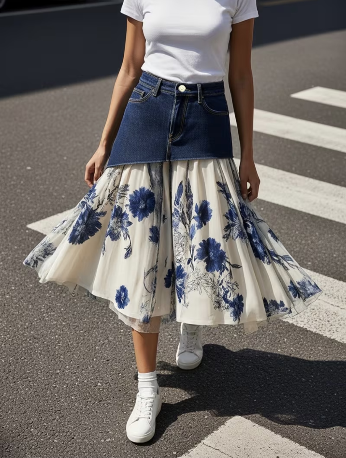 Falda midi de mezclilla con es - Midi Skirt Floral reseña y precio